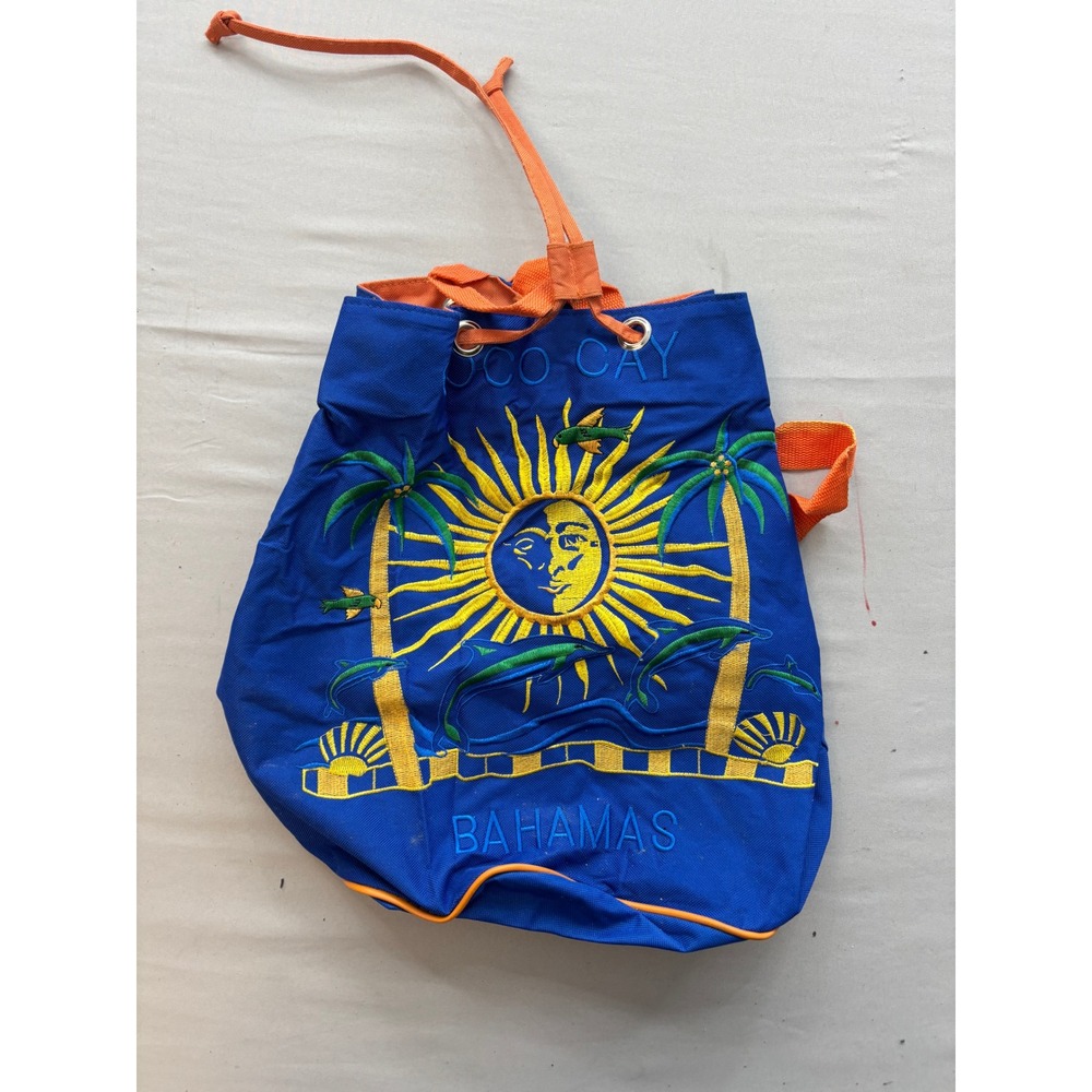 Vintage Coco Cay Bahamas Embroidered Drawstring Backpack Blue Orange Tropical